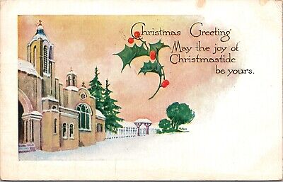 Christmas Greeting Snow Covered Mission Church Holly c1923 Postcard