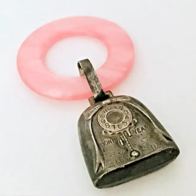 Antique Sterling Web Pink MOP Baby Rattle Teething Ring Engraved Month Year Lbs