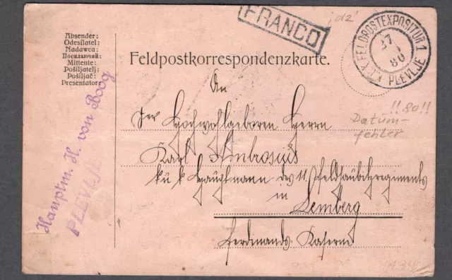 B&H,1918, PLEVLJE, falsches Datum "1880" auf Karte n. LEMBERG, beids. gestempelt