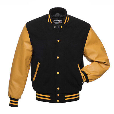 Stewart & Strauss Black Wool & Gold Leather Varsity Letterman School Jacket