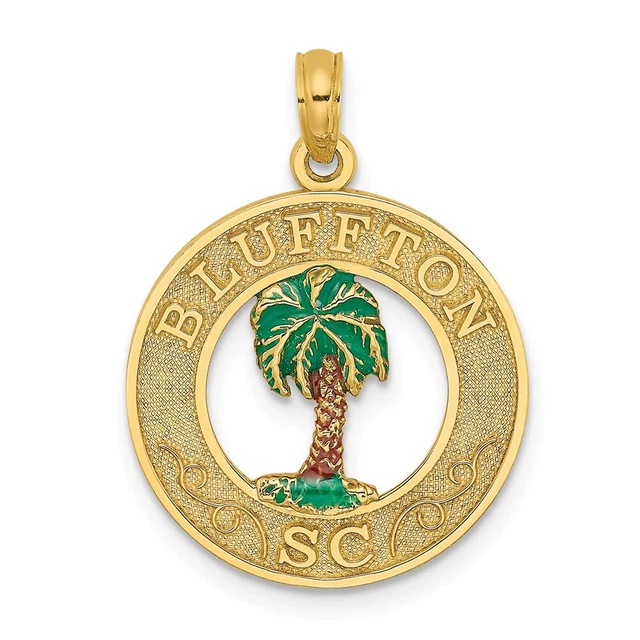 14K Yellow Gold BLUFFTON SC Circle Enameled Palm Tree Charm