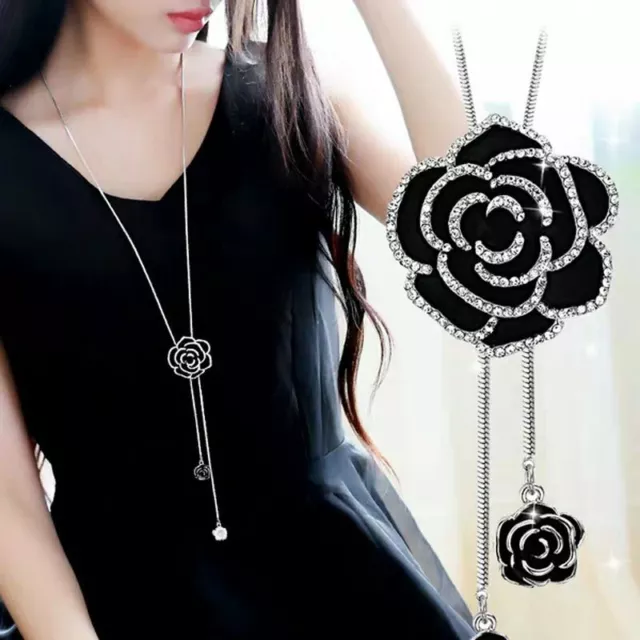 Black Rose Flower Pendant Necklace Long Sweater Chain Women Crystal Jewelry Hot
