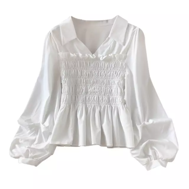 Donna Puff Maniche Camicia Camicetta Scollo V a Balze Plissettato Maglione Slim