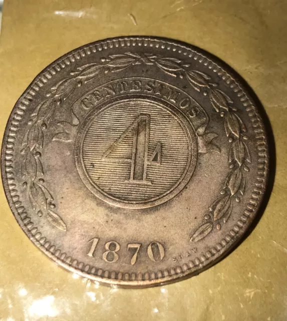 Paraguay Copper Coin 4 Centesimos 1870 Rare