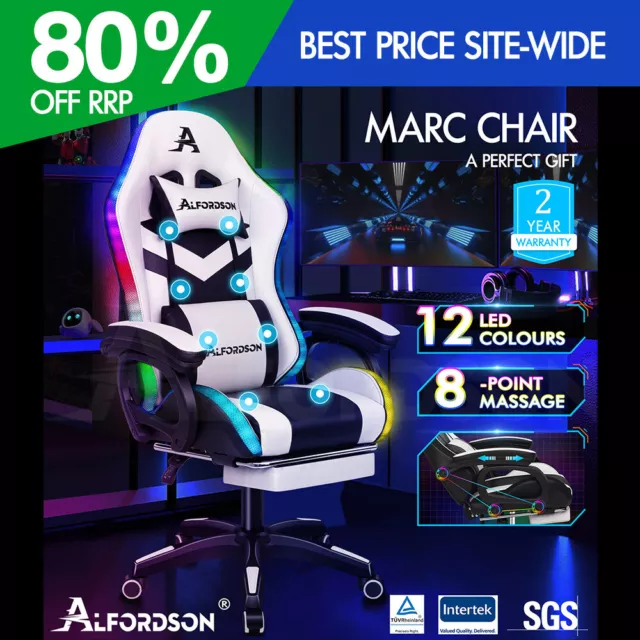 ALFORDSON Silla Gaming con Masaje y LED 12 Colores Silla Oficina Blanco y Negro