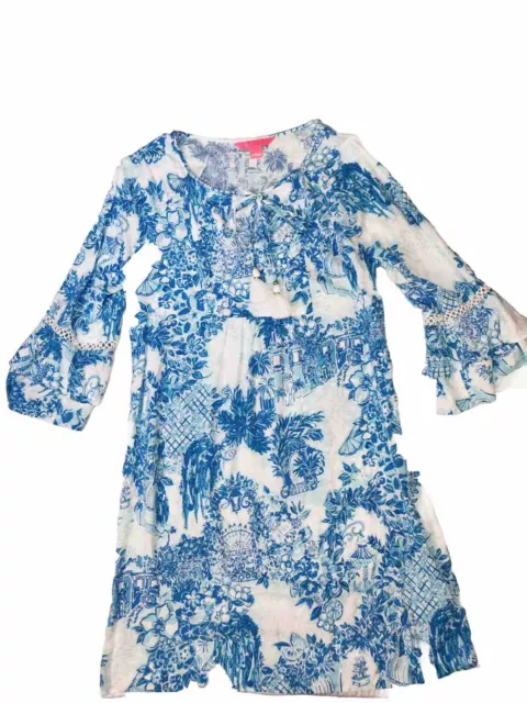 Lilly Pulitzer Azita Blue and White print Boho dress 3/4-length sleeves Toile