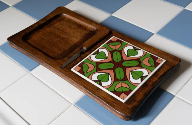 Vintage Retro Mod Mid Century Wood Ceramic Tile Cheese Board Knife Japan