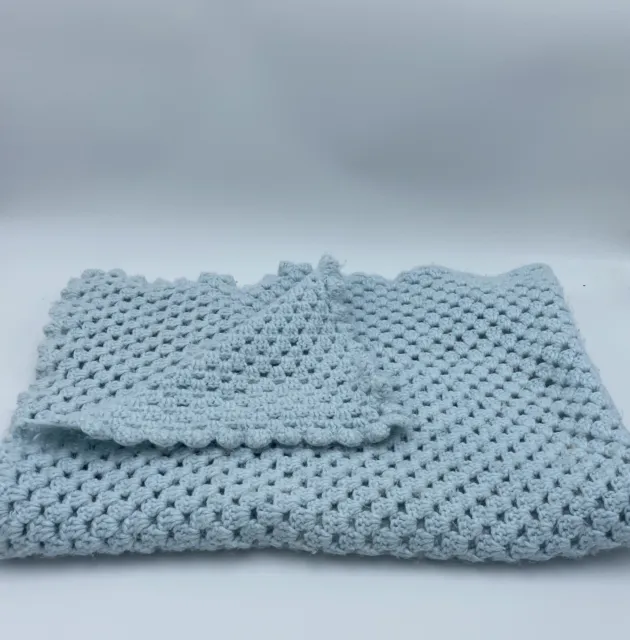 Handmade Crochet Small Afghan Throw Baby Blanket Light Blue 28” X 40”