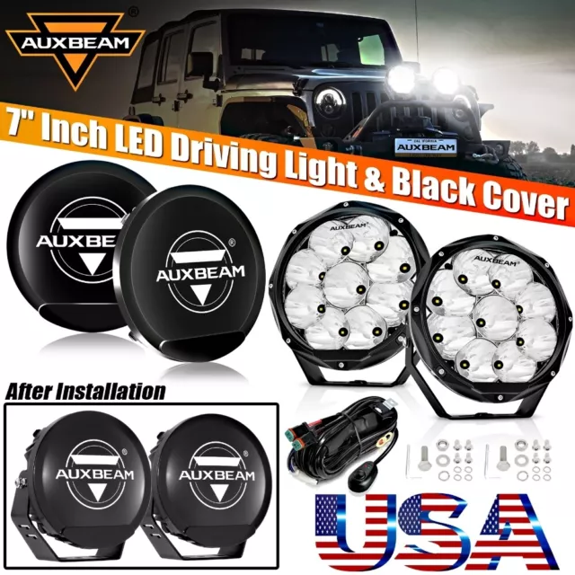 AUXBEAM 2pcs 7"INCH Round Spot Pods Offroad LED Driving Work Lights+Cover Shield