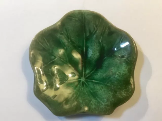 Antique English Majolica Green Leaf Butter Pat c.1800’s Signed on Back