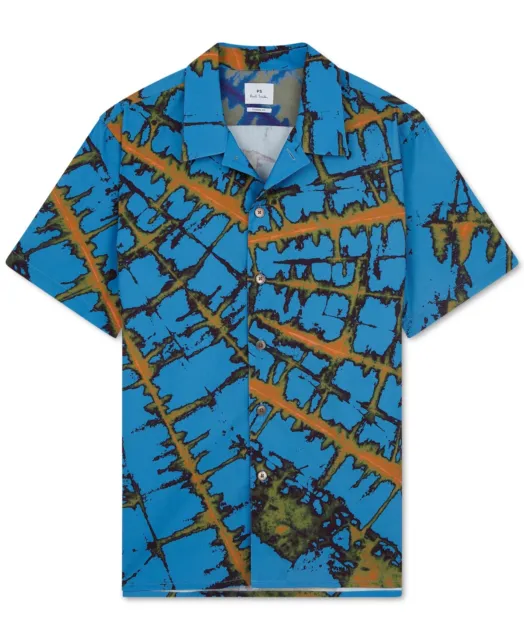 Paul Smith Men's Regular Fit Abstract Print Camp Shirt Blue Size Large