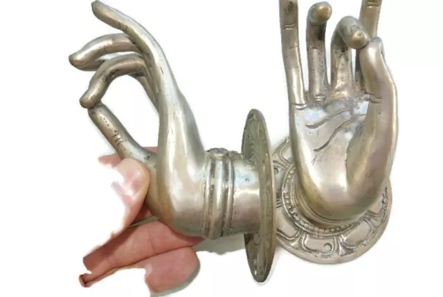 2 large Pull handle hand buddha brass silver door old style knob hook 8.5 cm B