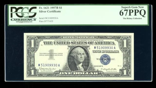 DBR $1 1957B Silver Superb Gem Fr. 1621 WA Block PCGS 67 PPQ Serial W51909930A