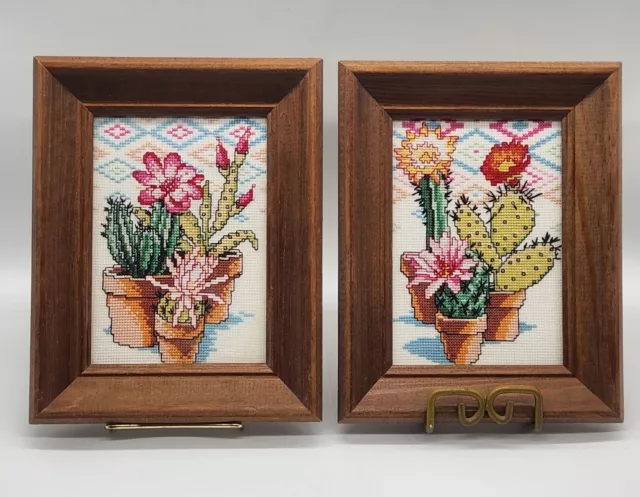 2 Needlepoint Cactus Framed Wall Art 9.5"x7.5" 1990