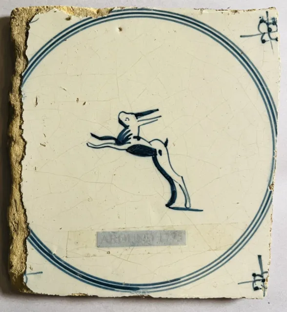 17th or 18th Century Dutch Blue and White Delft Tile- Leaping Hare A34