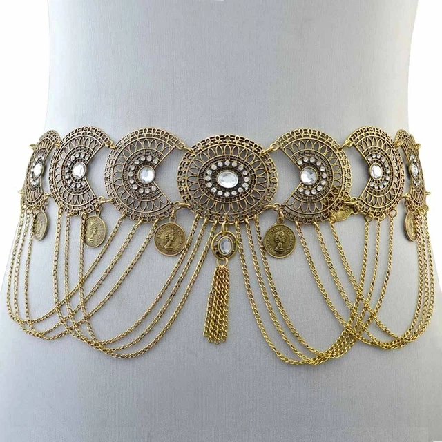 Belly Dancing Tassel Waist Belt Gold Crystal  Hippie Club Jewelry