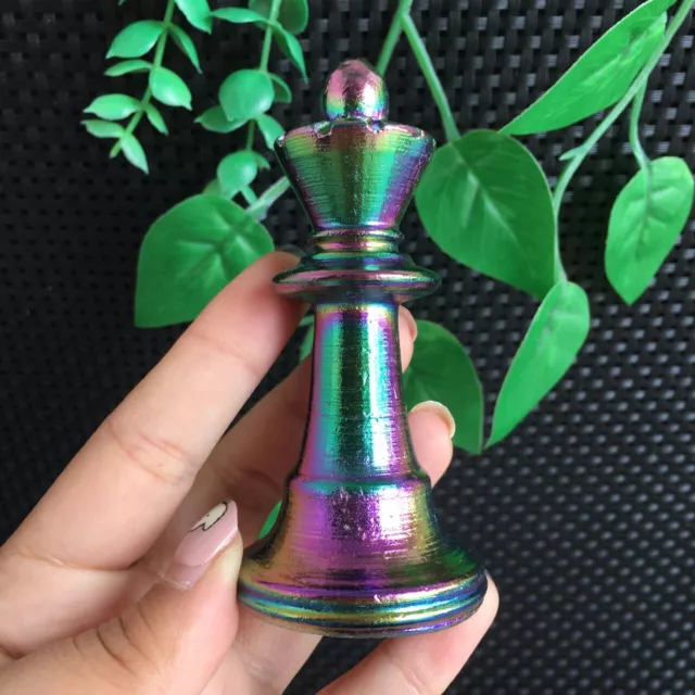 99g Titanium Rainbow Aura White Jade Chess Queen Carving Stone Quartz Crystal