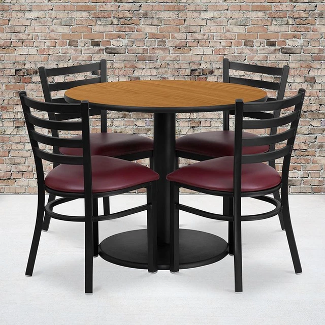 36'' Round Natural Laminate Table Set w/Round Base & 4 Ladder Back Metal Chairs