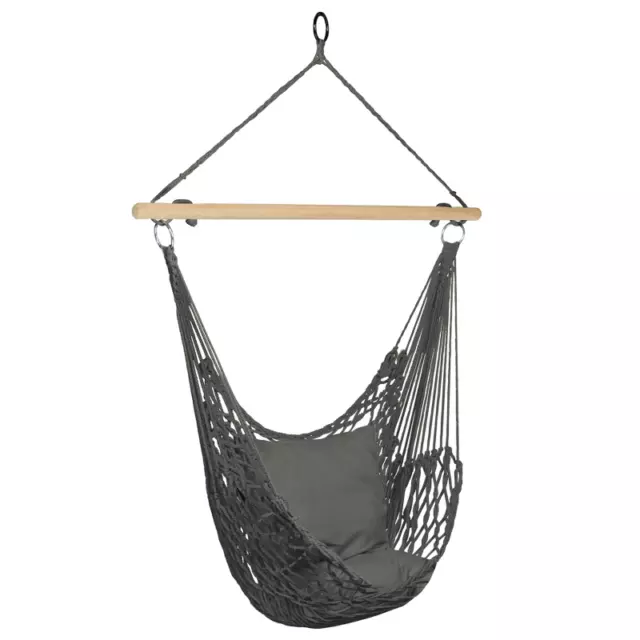 Fauteuil suspendu bohème 2 coussins gris design macramé