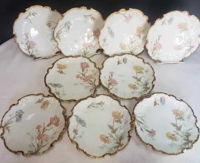 T & V LIMOGES 9 Plates Hand Painted Various Flowers Gold Trim Scalloped Edge 7"