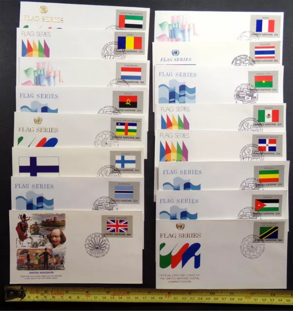 U.N. FLAG SERIES 1980-86 United Nations 16x FDC Stamp Lot World Flags SET GP-045 3