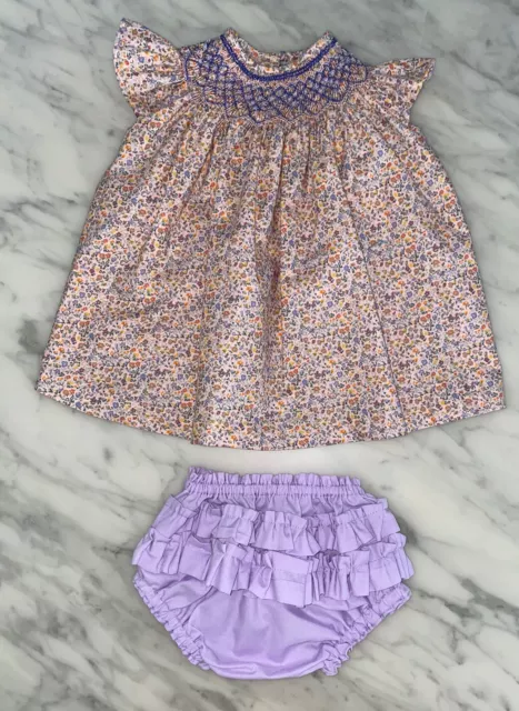 Designer Baby Hand smocked  Baby Girl dress with pant  Liberty Print 100% Cotton