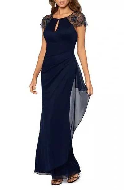 NWOT Xscape Keyhole Boat Neck Beaded Cap Sleeve Ruched Gown Women's Navy Size 16