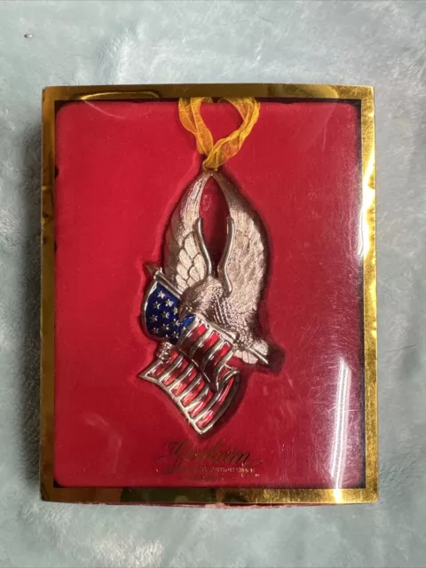 Gorham United We Stand Eagle Holding American Flag Silver Plated Ornament. IOB