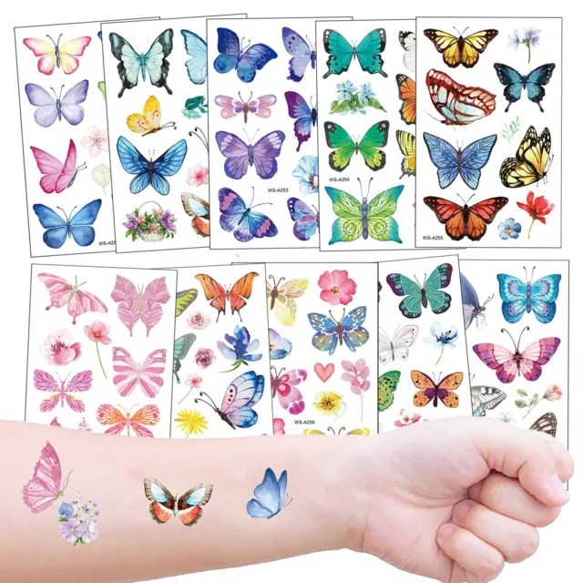 10 Fogli Farfalla Tatuaggi temporanei per Bambini Impermeabile Finti Ta