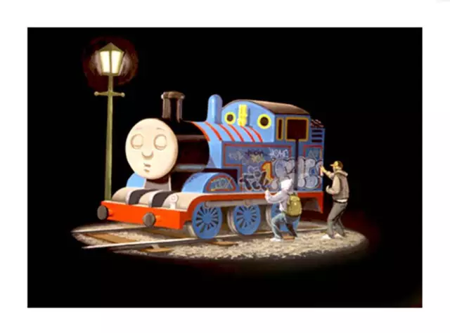 BANKSY Thomas the Tank Engine getting Tagged *FRAMED* CANVAS ART 24x16" -