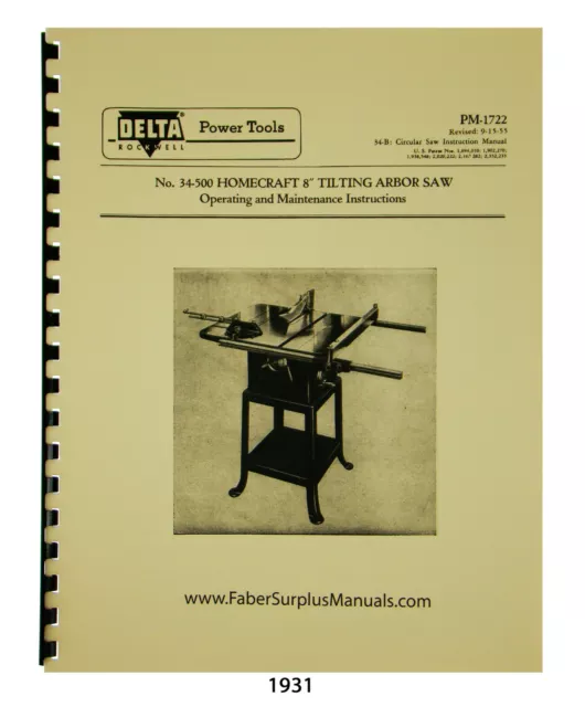 Delta Homecraft 34-500 8" Table Saw Instructions & Parts List Manual #1931