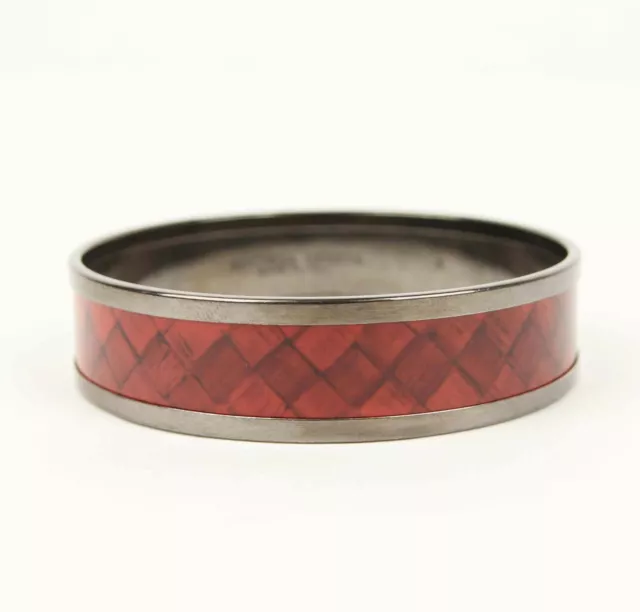 $400 Bottega Veneta Red/Black Enamel Metal Woven Silver Bracelet S 452833 6423