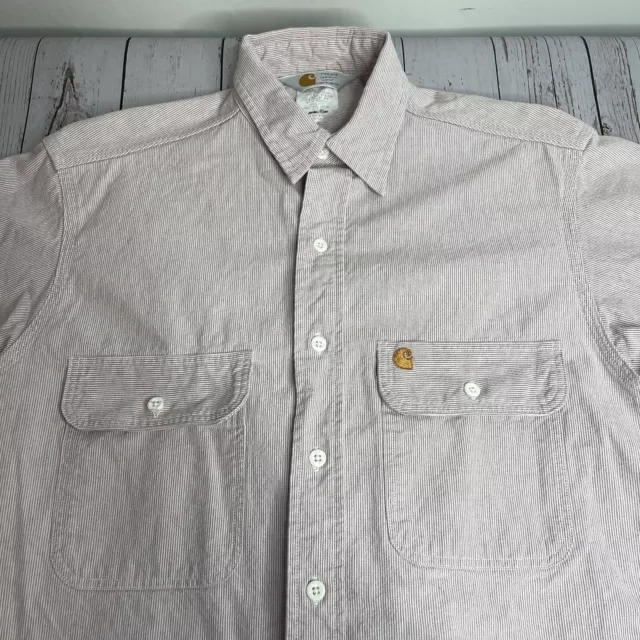 Vintage Carhartt Shirt Mens Medium Button Front Short Sleeve 90s Pin Stripe