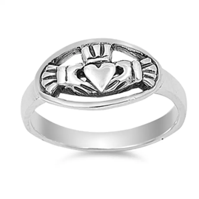 Oval Oxidized Claddagh Friendship Ring New .925 Sterling Silver Band Sizes 6-9