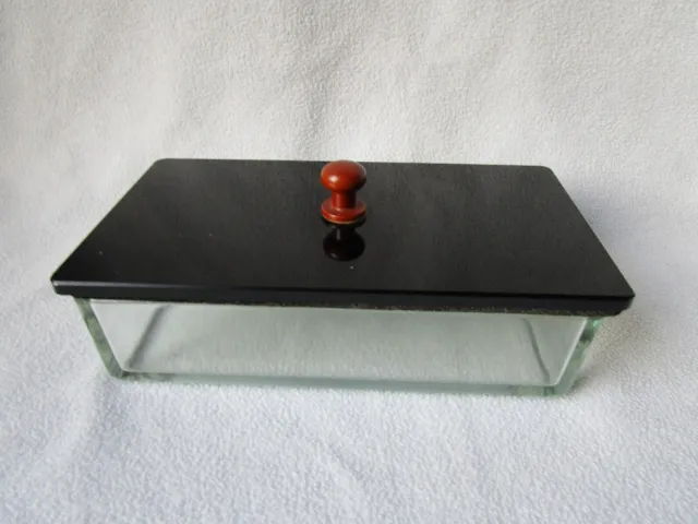 alte seltene Instrumentenschale ERKA Glas mit schwarzem Deckel Bakelit-Knauf rar