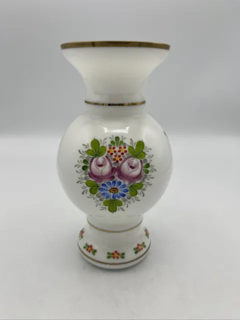 Milk Glass Hand Painted Floral White Gold Rim Vase 7" Tall