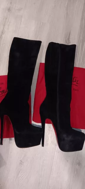 CHRISTIAN LOUBOUTIN BLACK SUEDE DAFFODIL KNEE HIGH BOOTS 6 Inch Size EU 37 US 7