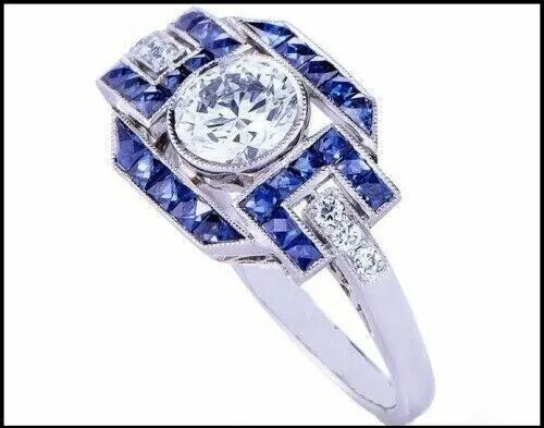 Art Deco Style Simulated Diamond & Blue Sapphires Engagement Ring In 925 Silver