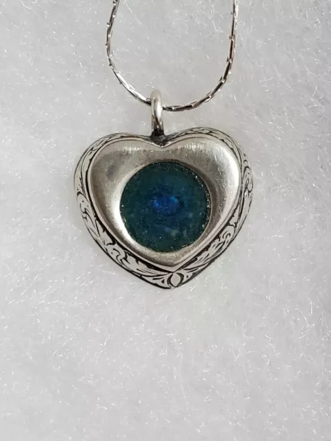 Adorable 925 Silver Heart Design Roman Glass Necklace by Michal Kirat Israel