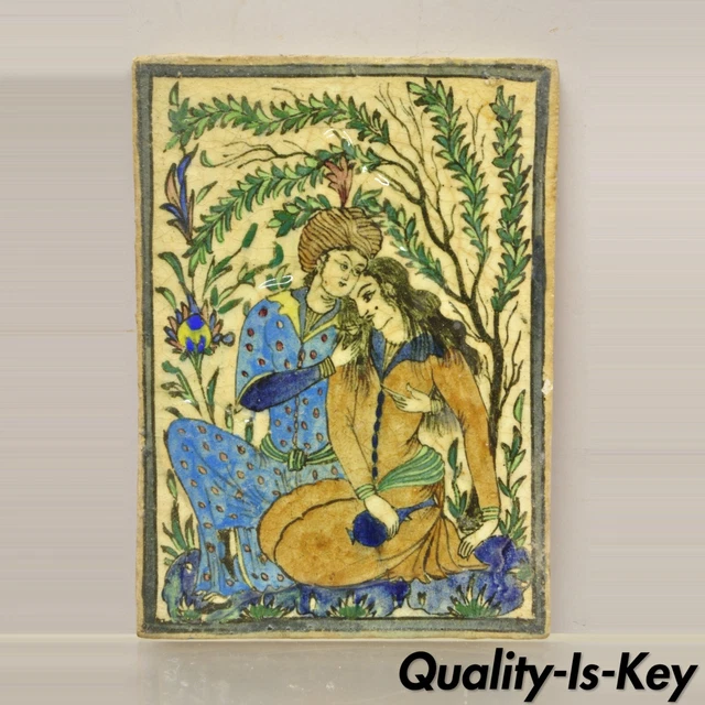 Antique Persian Iznik Qajar Style Ceramic Pottery Tile Man and Woman Embrace C3