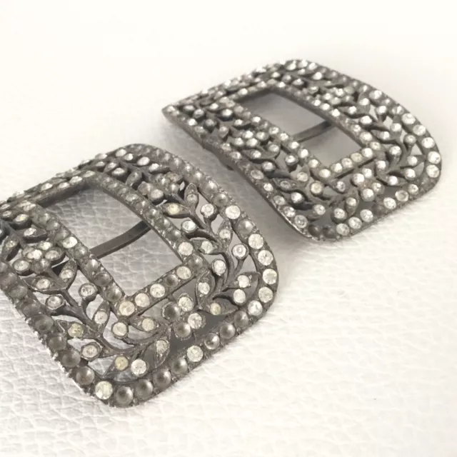 Paire de Boucles de Chaussures Art Nouveau 1900 Métal Argenté Strass Buckles