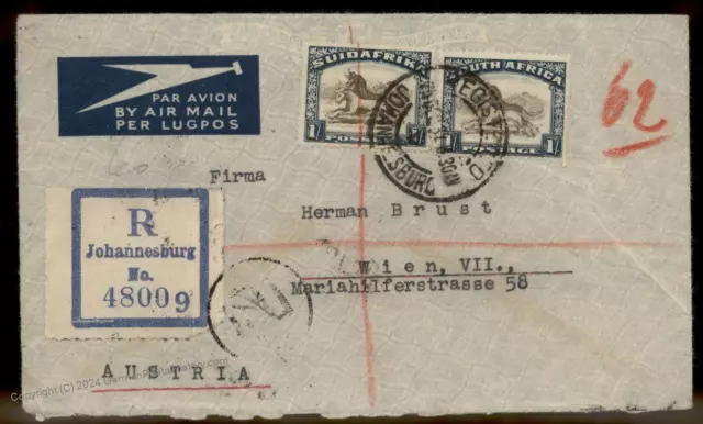 South Africa Greece 1937 Registered Austria Rohrpost Pneumatic Cover 88941