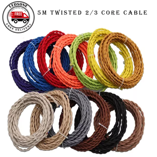 2/ 3 Core Twisted Vintage Style Coloured TWIST Braided Fabric 5m Cable Lamp Flex