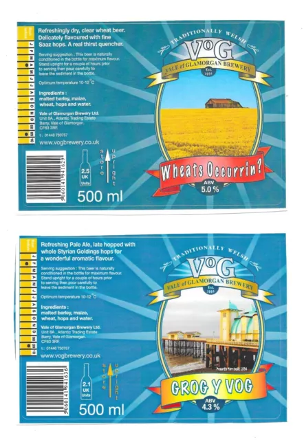 2 VALE OF GLAMORGAN BREWERY Beer Bottle Labels Grog Y Vog Barry Wales