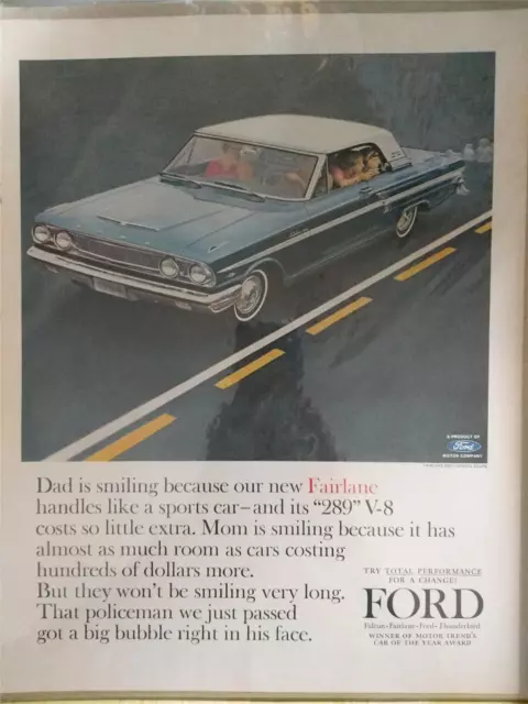 Vintage Original 1964 FORD FAIRLANE 289 V-8 Full Color Magazine Ad