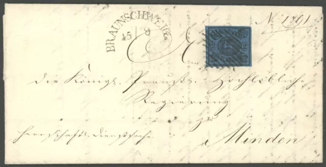 BRAUNSCHWEIG 1857, 2 Sgr. schwarz auf blau auf Brief mit Inhalt von BRAUNSCHWEIG