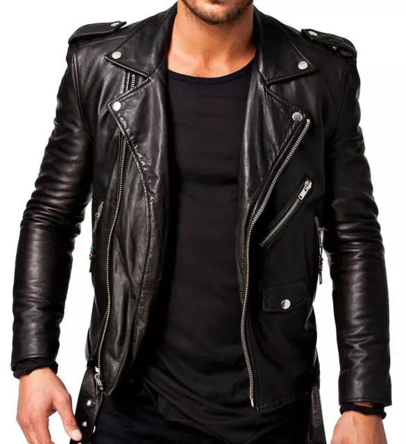 Mens Real Leather Jacket Black Slim Fit Biker Genuine Motorcycle Leather Jacket