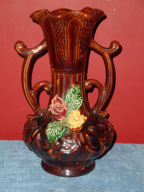 Antique Majolica Pottery Vase Applied Bisque Flower Brown Slip Double Handle Urn
