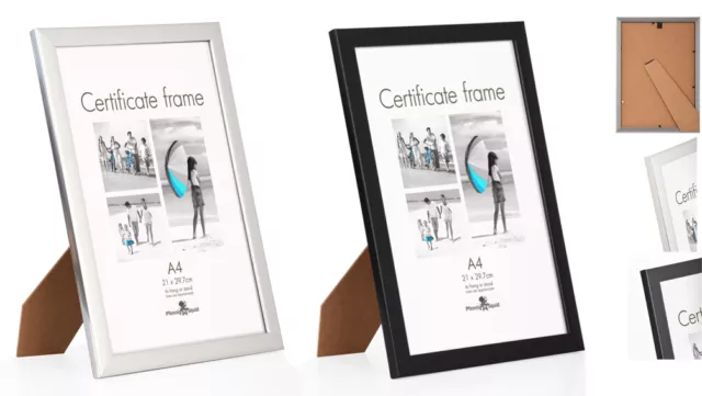 A4 Certificate Photo Picture Frames BLACK or SILVER INC STANDS + Hook