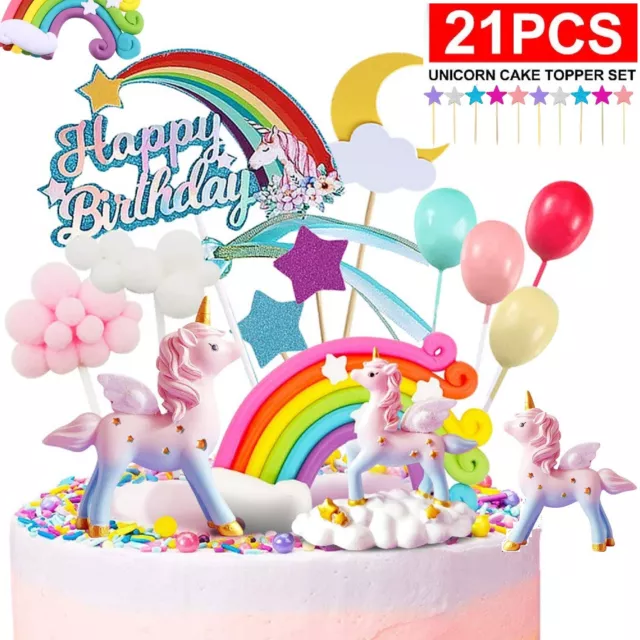 21Pcs/Set Unicorn Cake Topper Kit Cloud Rainbow Happy Birthday Banner Decoration